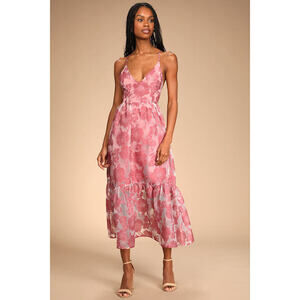 Lulus Feeling Like Forever Rose Jacquard Organza Lace-up Midi Dress Pink